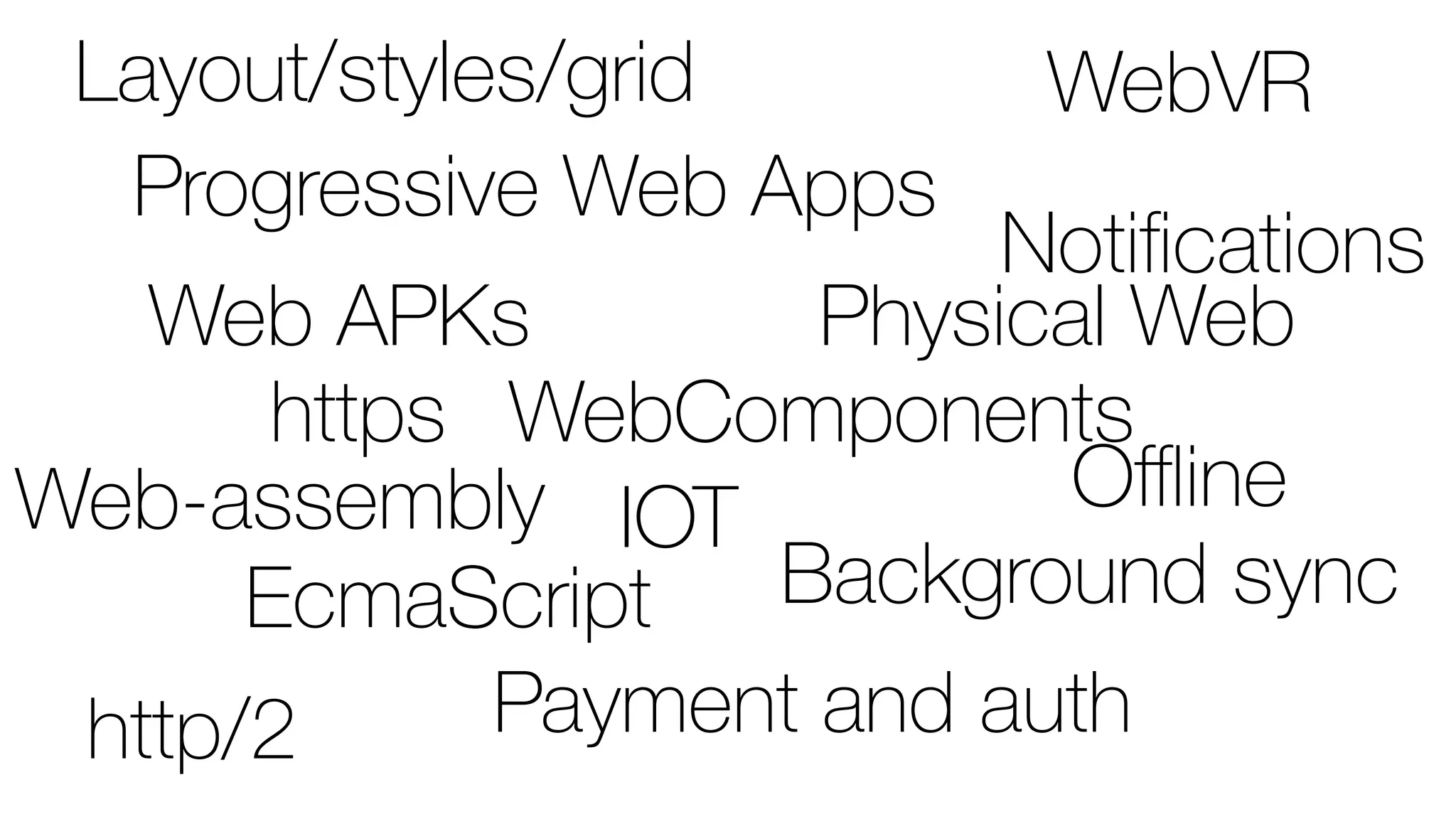 Progressive Web Apps
IOT
Physical Web
Payment and auth
https
http/2
Oﬄine
Layout/styles/grid
Web APKs
EcmaScript
Web-assembly
WebComponents
WebVR
Notiﬁcations
Background sync
 