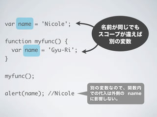 名前が同じでも
スコープが違えば
別の変数
var name = 'Nicole';
function myfunc() {
var name = 'Gyu-Ri';
}
myfunc();
alert(name); //Nicole
別の変数なので、関数内
での代入は外側の name
に影響しない。
 
