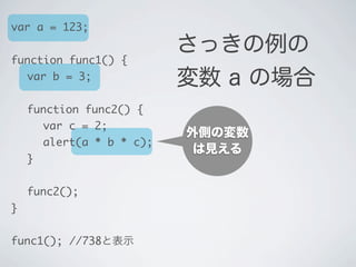 外側の変数
は見える
var a = 123;
function func1() {
	 var b = 3;
	 function func2() {
	 	 var c = 2;
	 	 alert(a * b * c);
	 }
	 func2();
}
func1(); //738と表示
さっきの例の
変数 a の場合
 