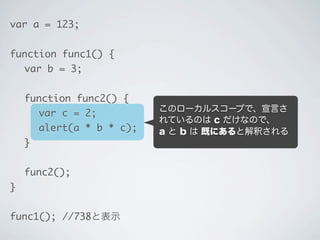 このローカルスコープで、宣言さ
れているのは c だけなので、
a と b は 既にあると解釈される
&hellip;でも、func2 のローカルスコー
プには、a と b は見つからない。
var a = 123;
function func1() {
	 var b = 3;
	 function func2() {
	 	 var c = 2;
	 	 alert(a * b * c);
	 }
	 func2();
}
func1(); //738と表示
 