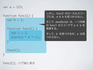 var a = 123;
function func1() {
	 var b = 3;
	 function func2() {
	 	 var c = 2;
	 	 alert(a * b * c);
	 }
	 func2();
}
func1(); //738と表示
そこで JavaScript は、一つ外側
の func1 のスコープで a と b を
検索する｡
そして、b を見つけるが、
まだ a は見つからない。
 