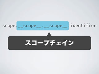 スコープチェイン
scope.__scope__.__scope__.identifier
この事から、「グローバルスコープ」も、何も特別なものではなくて、単に「最も外側にあるローカルス
コープ」という解釈もできます。実際のところ、グローバルスコープには幾つかの特別な役割も課せられてい
ますが、感覚的なその理解は概ね正しいです。
 
