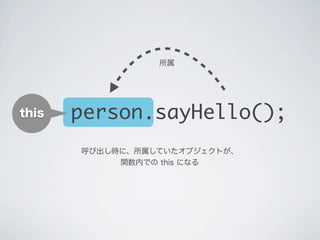 this
呼び出し時に、所属していたオブジェクトが、
関数内での this になる
person.sayHello();
所属
 