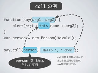 person を this
として実行
call の第１引数が this に、
第２引数以降の引数が、
say関数の引数に。
function say(arg1, arg2) {
&nbsp;&nbsp;&nbsp;&nbsp;alert(arg1 + this.name + arg2);
}
var person = new Person('Nicole');
say.call(person, 'Hello ', ' chan');
call の例
 