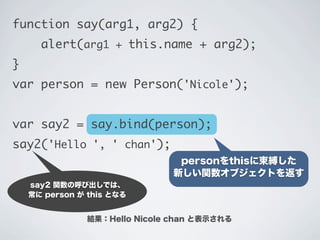 personをthisに束縛した
新しい関数オブジェクトを返す
function say(arg1, arg2) {
&nbsp;&nbsp;&nbsp;&nbsp;alert(arg1 + this.name + arg2);
}
var person = new Person('Nicole');
var say2 = say.bind(person);
say2('Hello ', ' chan');
結果：Hello Nicole chan と表示される
say2 関数の呼び出しでは、
常に person が this となる
 