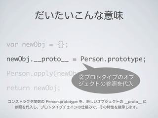 だいたいこんな意味
var newObj = {};
newObj.__proto__ = Person.prototype;
Person.apply(newObj, arguments);
return newObj;
②プロトタイプのオブ
ジェクトの参照を代入
コンストラクタ関数の Person.prototype を、新しいオブジェクトの __proto__ に
参照を代入し、プロトタイプチェインの仕組みで、その特性を継承します。
 