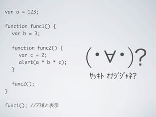 var a = 123;
function func1() {
	 var b = 3;
	 function func2() {
	 	 var c = 2;
	 	 alert(a * b * c);
	 }
	 func2();
}
fu...