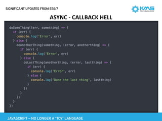 SIGNIFICANT UPDATES FROM ES6/7
ASYNC	-	CALLBACK	HELL
JAVASCRIPT – NO LONGER A “TOY” LANGUAGE
 