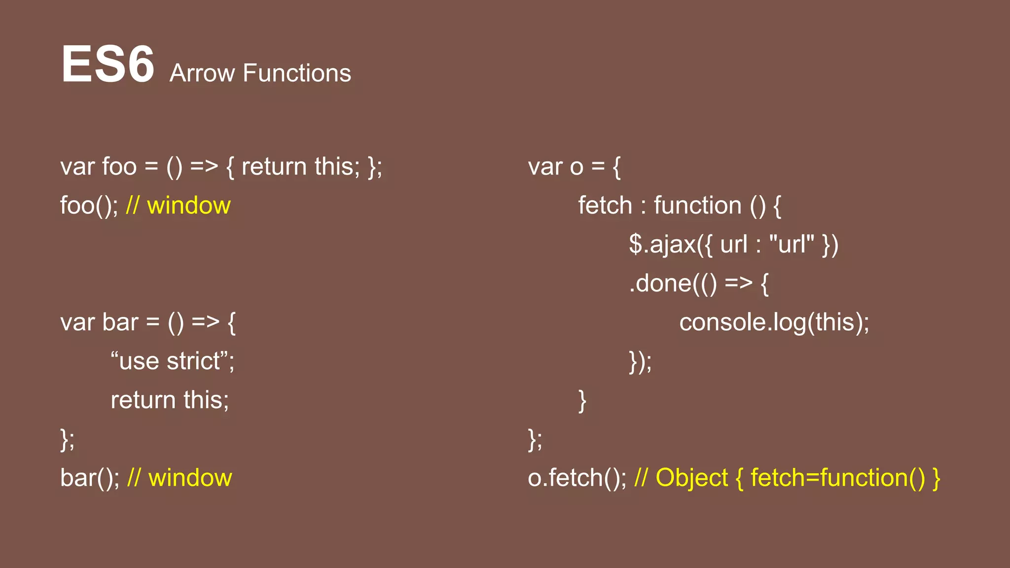 ES6 Arrow Functions
var foo = () => { return this; };
foo(); // window
var bar = () => {
“use strict”;
return this;
};
bar(); // window
var o = {
fetch : function () {
$.ajax({ url : "url" })
.done(() => {
console.log(this);
});
}
};
o.fetch(); // Object { fetch=function() }
 