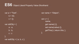 ES6 Object Literal Property Value Shorthand
var a = "Test",
b = 42,
c = {};
var oldObj = {
a : a,
b : b,
c : c
};
var es6Obj = { a, b, c };
var name = “Object”;
var o = {
name,
get name() {},
set name(value) {},
getThis() { return this; },
};
 