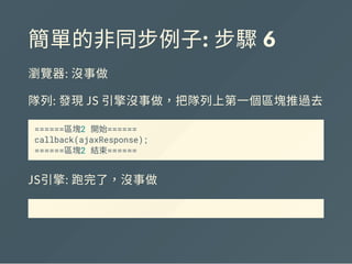 簡單的非同步例子: 步驟 6
瀏覽器: 沒事做
隊列: 發現JS 引擎沒事做，把隊列上第一個區塊推過去
======區塊2 開始======
callback(ajaxResponse);
======區塊2 結束======
JS引擎: 跑完了，沒事做
 
