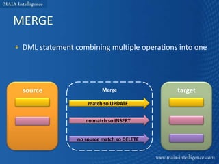 MERGE
 DML statement combining multiple operations into one




 source                   Merge             target
                    match so UPDATE


                   no match so INSERT


                no source match so DELETE
 