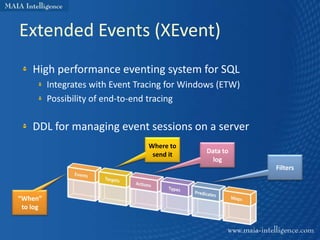 Extended Events (XEvent)
    High performance eventing system for SQL
          Integrates with Event Tracing for Windows (ETW)
          Possibility of end-to-end tracing

    DDL for managing event sessions on a server
                                  Where to
                                   send it      Data to
                                                  log
                                                            Filters



“When”
 to log
 