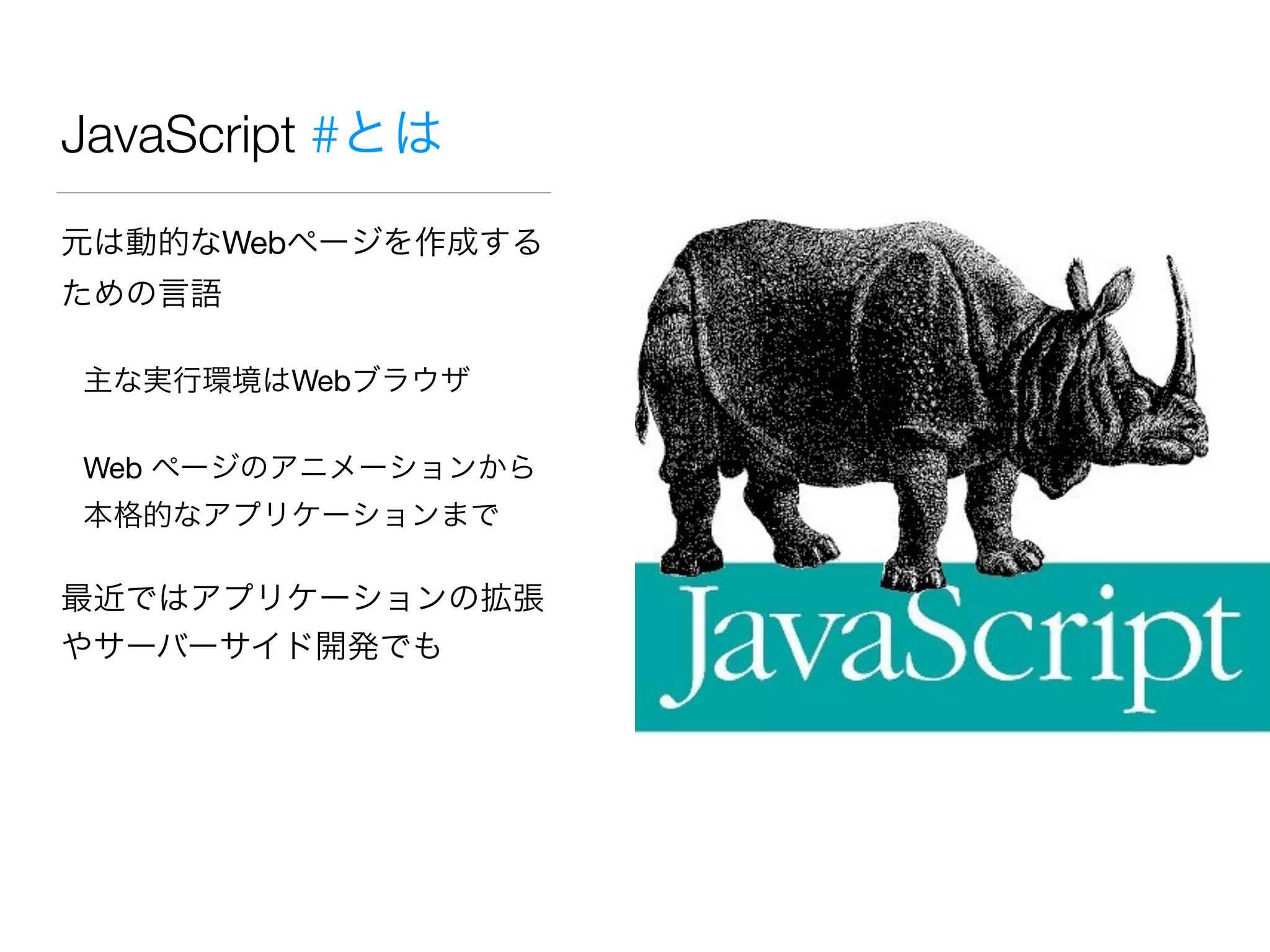 JavaScript #とは
元は動的なWebページを作成する
ための言語

主な実行環境はWebブラウザ

Web ページのアニメーションから
本格的なアプリケーションまで

最近ではアプリケーションの拡張
やサーバーサイド開発でも
 