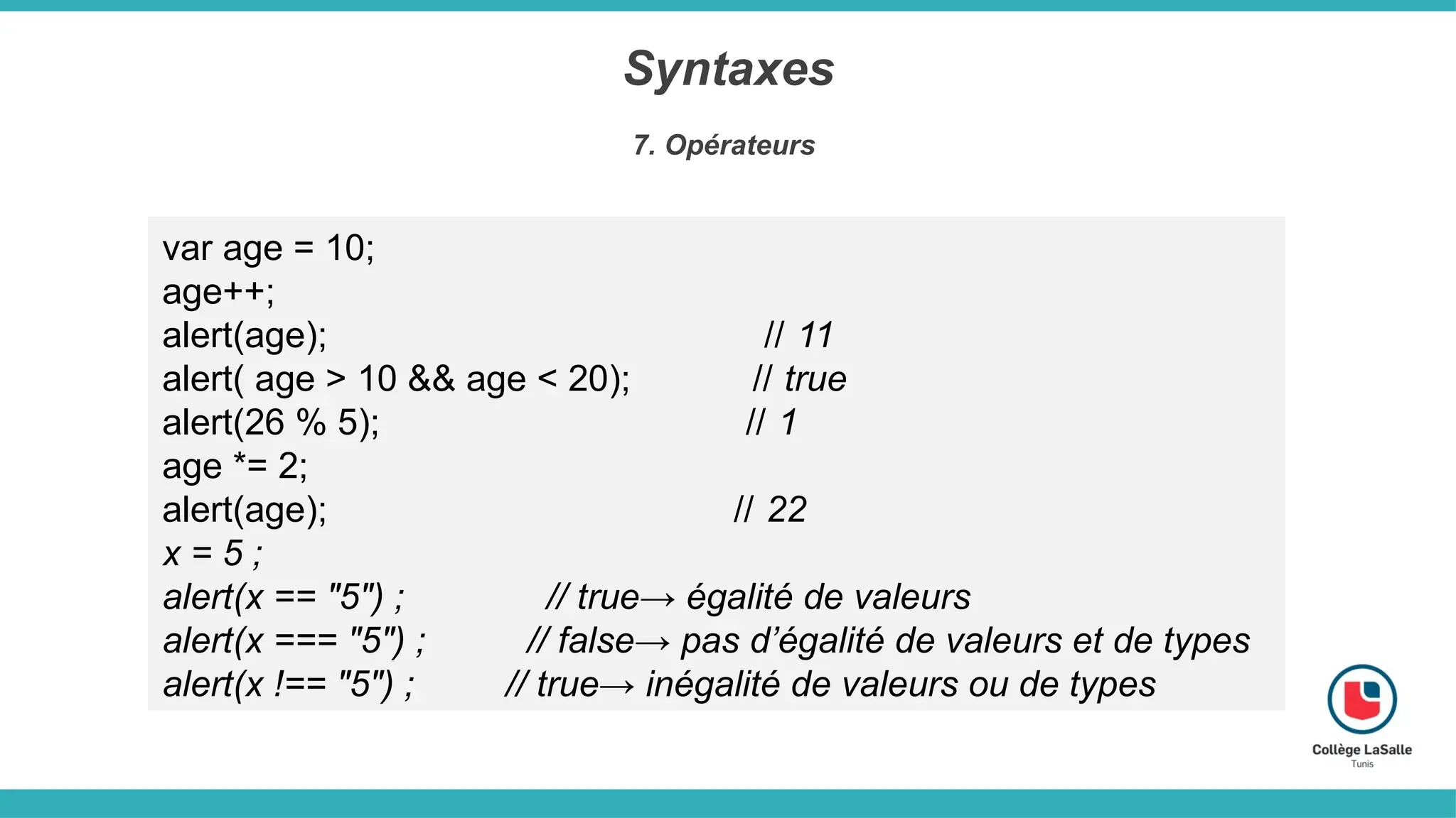 Syntaxes
7. Opérateurs
var age = 10;
age++;
alert(age); // 11
alert( age > 10 && age < 20); // true
alert(26 % 5); // 1
age *= 2;
alert(age); // 22
x = 5 ;
alert(x == "5") ; // true→ égalité de valeurs
alert(x === "5") ; // false→ pas d’égalité de valeurs et de types
alert(x !== "5") ; // true→ inégalité de valeurs ou de types
 