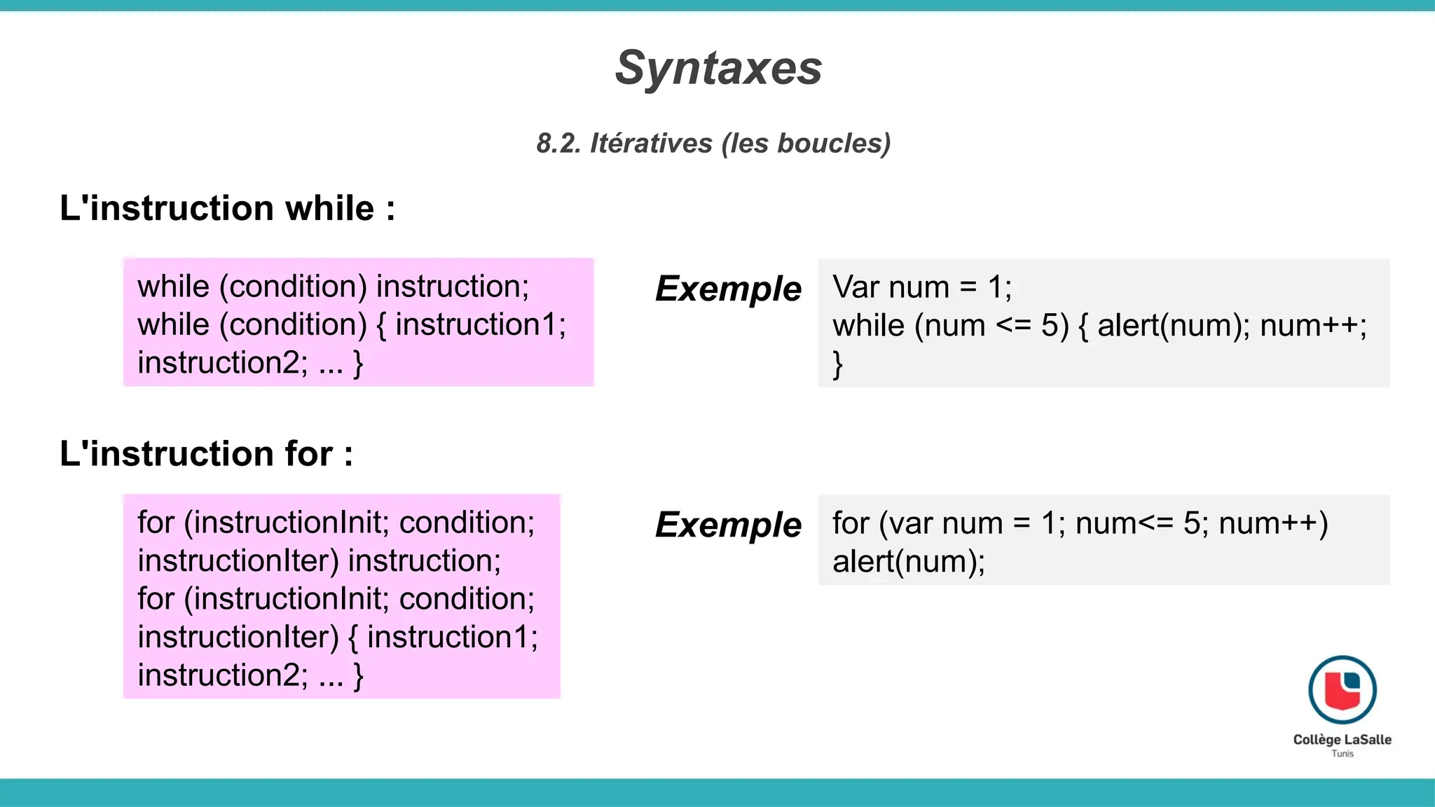 Syntaxes
8.2. Itératives (les boucles)
L'instruction while :
while (condition) instruction;
while (condition) { instruction1;
instruction2; ... }
Var num = 1;
while (num <= 5) { alert(num); num++;
}
Exemple
L'instruction for :
for (instructionInit; condition;
instructionIter) instruction;
for (instructionInit; condition;
instructionIter) { instruction1;
instruction2; ... }
for (var num = 1; num<= 5; num++)
alert(num);
Exemple
 