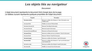 Les objets liés au navigateur
Document
L'objet document représente le document html chargé dans de la page.
Le tableau suivant représente quelques propriétés de l’objet document :
 