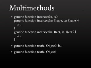 Multimethods
    generic function intersect(s1, s2);
✦
    generic function intersect(s1: Shape, s2: Shape ) {
      // .....