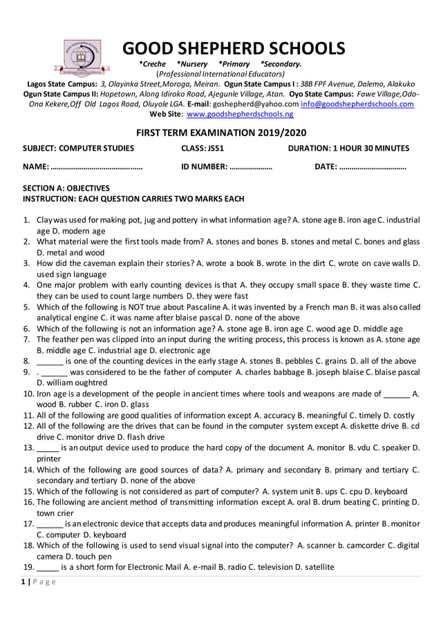 JSS1 COMPUTER STUDIES EXAMINATION (FIRST TERM) PDF