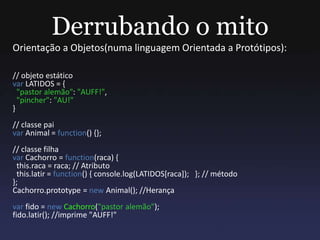 Derrubando o mito
Orientação a Objetos(numa linguagem Orientada a Protótipos):
// objeto estático
var LATIDOS = {
"pastor alemão": "AUFF!",
"pincher": "AU!"
}
// classe pai
var Animal = function() {};
// classe filha
var Cachorro = function(raca) {
this.raca = raca; // Atributo
this.latir = function() { console.log(LATIDOS[raca]); }; // método
};
Cachorro.prototype = new Animal(); //Herança
var fido = new Cachorro("pastor alemão");
fido.latir(); //imprime "AUFF!"
 