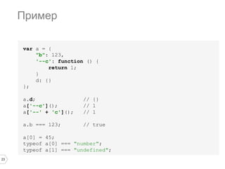 23
var a = {
"b": 123,
'--c': function () {
return 1;
}
d: {}
};
a.d; // {}
a['--c'](); // 1
a['--' + 'c'](); // 1
a.b === 123; // true
a[0] = 45;
typeof a[0] === "number";
typeof a[1] === "undefined";
Пример
 