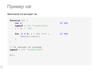 41
Фактически это выглядит так
function A() {
var i; // <<<
typeof i === "undefined";
i = 5; // OK!
for (i = 0; i < 10; i++) { // <<<
console.log(i);
}
}
// Не выходит за границы
typeof i === "undefined";
A();
Пример var
 
