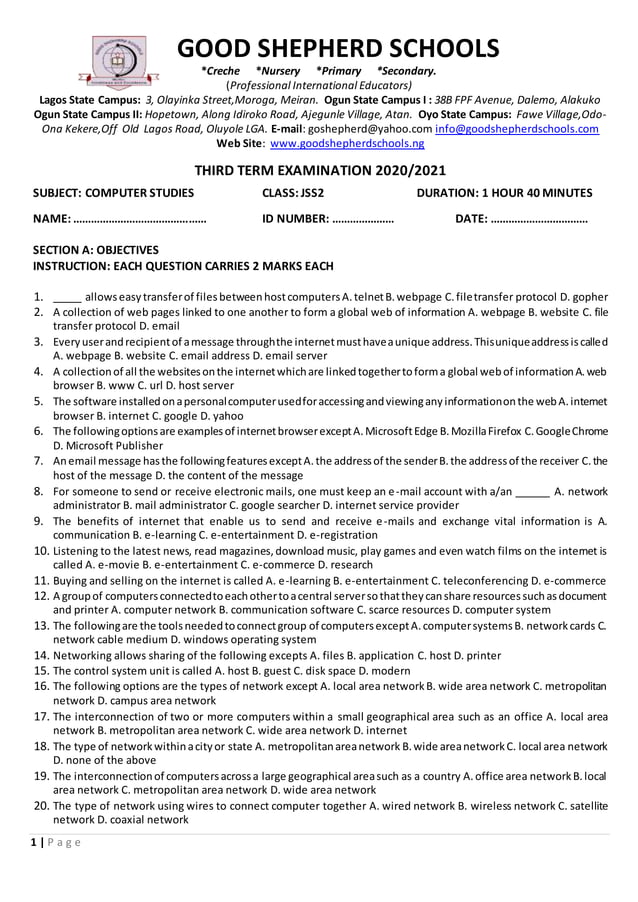 JS2 Computer Studies Examination (Third Term) PDF