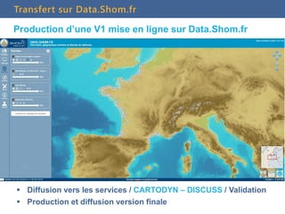 Transfert sur Data.Shom.fr
Production d’une V1 mise en ligne sur Data.Shom.fr
 Diffusion vers les services / CARTODYN – DISCUSS / Validation
 Production et diffusion version finale
 