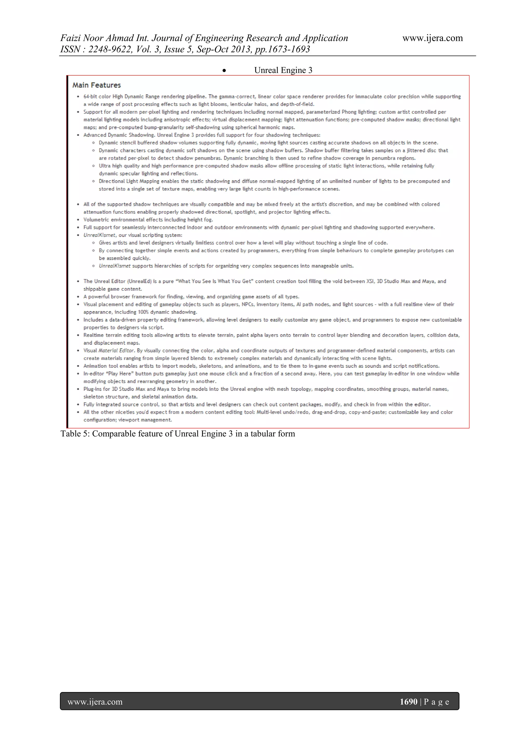 Faizi Noor Ahmad Int. Journal of Engineering Research and Application
ISSN : 2248-9622, Vol. 3, Issue 5, Sep-Oct 2013, pp.1673-1693


www.ijera.com

Unreal Engine 3

Table 5: Comparable feature of Unreal Engine 3 in a tabular form

www.ijera.com

1690 | P a g e

 