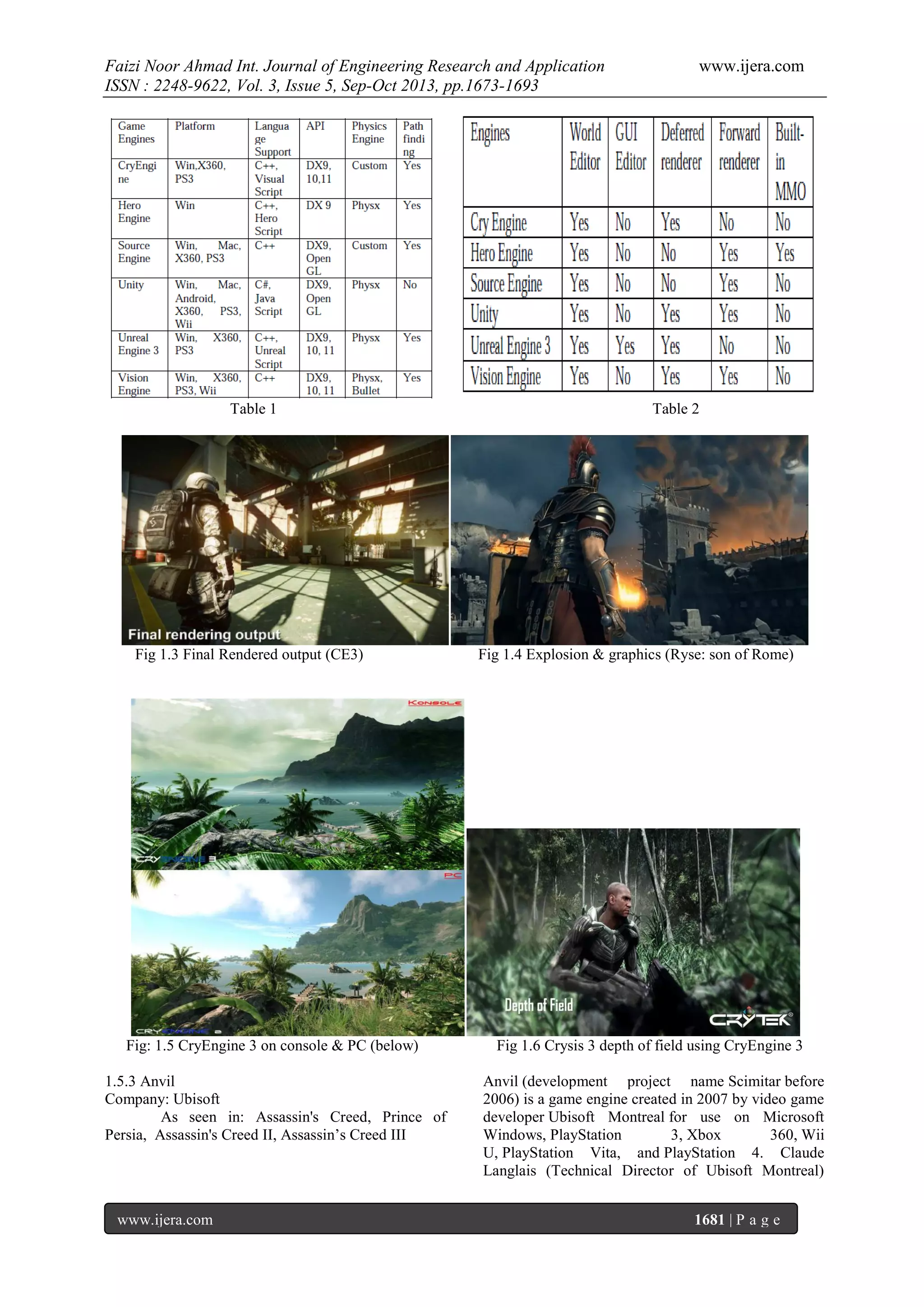 Faizi Noor Ahmad Int. Journal of Engineering Research and Application
ISSN : 2248-9622, Vol. 3, Issue 5, Sep-Oct 2013, pp.1673-1693

Table 1

Fig 1.3 Final Rendered output (CE3)

www.ijera.com

Table 2

Fig 1.4 Explosion & graphics (Ryse: son of Rome)

Fig: 1.5 CryEngine 3 on console & PC (below)

Fig 1.6 Crysis 3 depth of field using CryEngine 3

1.5.3 Anvil
Company: Ubisoft
As seen in: Assassin's Creed, Prince of
Persia, Assassin's Creed II, Assassin’s Creed III

Anvil (development project name Scimitar before
2006) is a game engine created in 2007 by video game
developer Ubisoft Montreal for use on Microsoft
Windows, PlayStation
3, Xbox
360, Wii
U, PlayStation Vita, and PlayStation 4. Claude
Langlais (Technical Director of Ubisoft Montreal)

www.ijera.com

1681 | P a g e

 