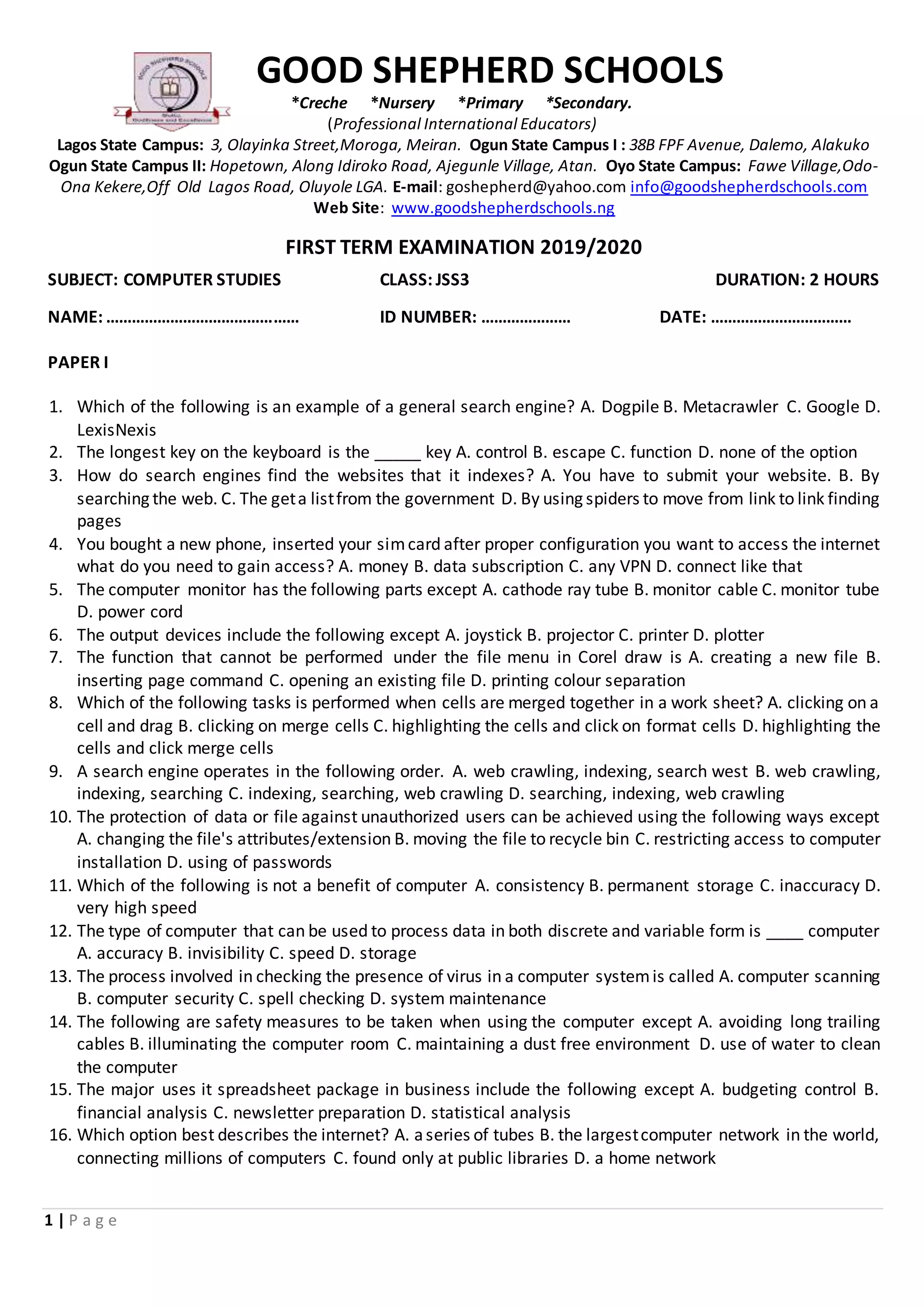 JSS3 COMPUTER STUDIES EXAMINATION (FIRST TERM) PDF