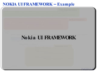 NOKIA UI FRAMEWORK – Example <html> <head> <link rel="stylesheet" href="../themes/nokia/base.css" type="text/css" media="screen"> <link rel="stylesheet" href="../themes/nokia/rating.css" type="text/css" media="screen"> <link rel="stylesheet" href="../themes/custom-theme/ui.all.css" type="text/css" media="screen"> <script src="../lib/jquery/jquery.js" type="text/javascript" charset="utf-8"></script> <script src="../src/core.js" type="text/javascript" charset="utf-8"></script> <script src="../src/dom.js" type="text/javascript" charset="utf-8"></script> <script src="../src/util.js" type="text/javascript" charset="utf-8"></script> <script src="../src/widget.js" type="text/javascript" charset="utf-8"></script> <script src="../src/rating.js" type="text/javascript" charset="utf-8"></script> </head> <body> <embed type="application/x-systeminfo-widget" hidden="yes" style="position:absolute;top:-1000px;"></embed> <div id="rating01"></div> <script type="text/javascript" charset="utf-8"> window.onload = function() { window.rating1 = new Nokia.Rating({ element: '#rating01', value: 2, create: function() { console.log("Rating: create."); }, change: function(value) { console.log("Rating: change - " + value); } }); }; </script> </body> </html> HTML Component Nokia UI FRAMEWORK CSS Dependencies JS Dependencies Component Create 