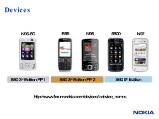 Devices S60 3 rd  Edition FP 2 S60 5 th  Edition N97 5800 N96 E55 S60 3 rd  Edition FP 1 N95-8G http://www.forum.nokia.com/devices/<device_name> 