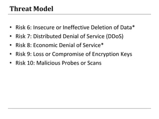 Threat Model
• Risk 6: Insecure or Ineffective Deletion of Data*
• Risk 7: Distributed Denial of Service (DDoS)
• Risk 8: Economic Denial of Service*
• Risk 9: Loss or Compromise of Encryption Keys
• Risk 10: Malicious Probes or Scans
 