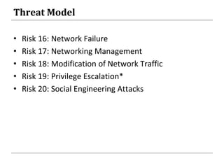 Threat Model
• Risk 16: Network Failure
• Risk 17: Networking Management
• Risk 18: Modification of Network Traffic
• Risk 19: Privilege Escalation*
• Risk 20: Social Engineering Attacks
 