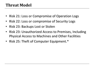 Threat Model
• Risk 21: Loss or Compromise of Operation Logs
• Risk 22: Loss or compromise of Security Logs
• Risk 23: Backups Lost or Stolen
• Risk 23: Unauthorized Access to Premises, Including
Physical Access to Machines and Other Facilities
• Risk 25: Theft of Computer Equipment.*
 