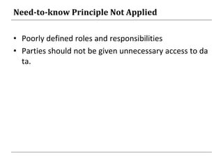 Need-to-know Principle Not Applied
• Poorly defined roles and responsibilities
• Parties should not be given unnecessary access to da
ta.
 