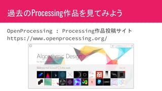 過去のProcessing作品を見てみよう
OpenProcessing : Processing作品投稿サイト
https://www.openprocessing.org/
 