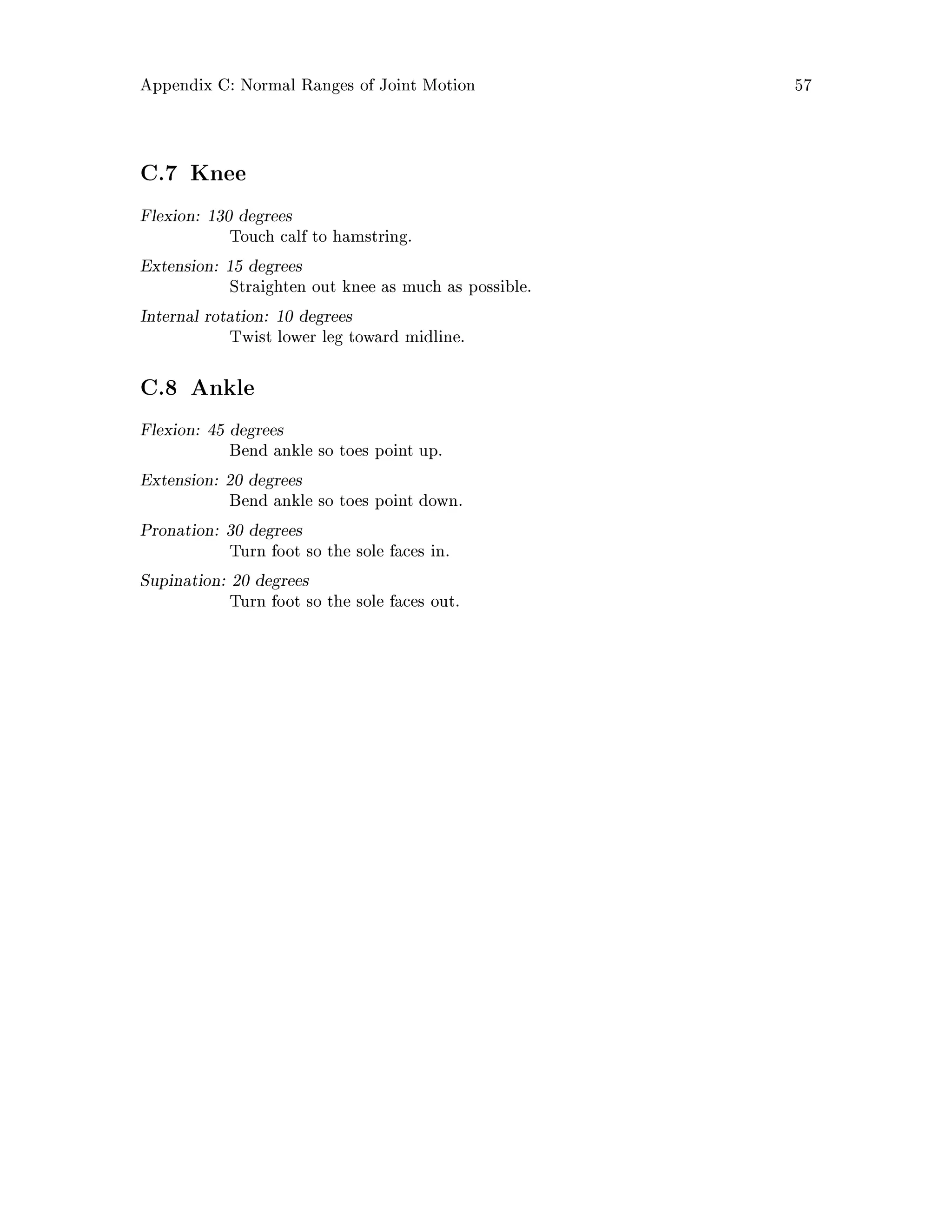 Appendix C: Normal Ranges of Joint Motion 57
C.7 Knee
Flexion: 130 degrees
Touch calf to hamstring.
Extension: 15 degrees
Straighten out knee as much as possible.
Internal rotation: 10 degrees
Twist lower leg toward midline.
C.8 Ankle
Flexion: 45 degrees
Bend ankle so toes point up.
Extension: 20 degrees
Bend ankle so toes point down.
Pronation: 30 degrees
Turn foot so the sole faces in.
Supination: 20 degrees
Turn foot so the sole faces out.
 