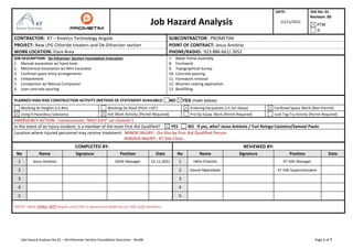 Job Hazard Analysis No 01 – De-Ethanizer Section Foundation Execution - Rev00 Page 1 of 7
Job Hazard Analysis
DATE:
15/11/2022
JHA No: 01
Revision: 00
PTW
IC
CONTRACTOR: KT – Kinetics Technology Angola SUBCONTRACTOR: PROMETIM
PROJECT: New LPG Chloride treaters and De-Ethanizer section POINT OF CONTRACT: Jesus António
WORK LOCATION: Flare Area PHONE/RADIO: 923 886 661/ 2652
JOB DESCRIPTION: De-Ethanizer Section Foundation Execution
1. Manual excavation w/ hand tools
2. Mechanical excavation w/ Mini Excavator
3. Confined space entry arrangements
4. Embankment
5. Compaction w/ Manual Compactor
6. Lean concrete pouring
7. Rebar frame assembly
8. Formwork
9. Topographical Survey
10. Concrete pouring
11. Formwork removal
12. Bitumen coating application
13. Backfilling
PLANNED HIGH RISK CONSTRUCTION ACTIVITY (METHOD OF STATEMENT AVAILABLE) NO YES (mark below):
Working At Heights (>1.8m) Working On Roof (Pitch >10°) Entering Excavation (>1.5m Deep) Confined Space Work (Non-Permit)
Using A Hazardous Substance Hot Work Activity (Permit Required) Pre-Op Equip. Work (Permit Required) Lock-Tag-Try Activity (Permit Required)
EMERGENCY ACTION: Communicate “MAY-DAY” on channel 1.
In the event of an injury incident, is a member of the team First Aid Qualified? YES NO If yes, who? Jesus António / Yuri Nzinga Casimiro/Samuel Paulo
Location where injured personnel may receive treatment: MINOR INJURY: On-Site by First Aid Qualified Person
SERIOUS INJURY: KT Site Clinic
COMPLETED BY: REVIEWED BY:
No Name Signature Position Date No Name Signature Position Date
1 Jesus António QHSE Manager 15.11.2022 1 Hélio Chaínho KT HSE Manager
2 2 Daniel Mpembele KT HSE Superintendent
3 3
4 4
5 5
(NOTE: Work SHALL NOT begins until JHA is signed and dated by an HSE staff member).
 
