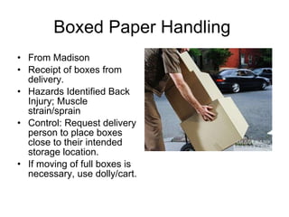 Boxed Paper Handling  From Madison Receipt of boxes from delivery.  Hazards Identified Back Injury; Muscle strain/sprain  Control: Request delivery person to place boxes close to their intended storage location. If moving of full boxes is necessary, use dolly/cart.  