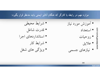 ‫بگيرد‬ ‫قرار‬ ‫مدنظر‬ ‫بايد‬ ‫ايمني‬ ‫آناليز‬ ‫هنگام‬ ‫كه‬ ‫كارگر‬ ‫با‬ ‫رابطه‬ ‫در‬ ‫مهم‬ ‫موارد‬:
•‫نياز‬ ‫مورد‬ ‫آموزش‬
•‫استعداد‬
•‫روحيات‬
•‫عﻼيق‬
•‫نيازهاي‬‫جسمي‬
•‫محيطي‬ ‫شرايط‬
•‫شاغل‬ ‫قدرت‬
•‫اجرا‬ ‫استانداردهاي‬
•‫كار‬ ‫شرايط‬
•‫هاي‬ ‫ويژگي‬‫شغل‬
www.MehdiParvini.com
395
 