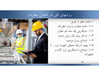 ‫كاهش‬ ‫در‬ ‫كلي‬ ‫روشهاي‬‫خطرات‬
١‫طريق‬ ‫از‬ ‫خطر‬ ‫حذف‬:
١-١:‫فعاليت‬ ‫حذف‬‫خطرناك‬ ‫مواد‬ ‫يا‬
٢-١:‫خطرتر‬ ‫كم‬ ‫ماده‬ ‫يك‬ ‫جايگزيني‬
٣-١:‫جديد‬ ‫روش‬ ‫يك‬ ‫بردن‬ ‫كار‬ ‫به‬
٤-١:‫موجود‬ ‫روش‬ ‫اصﻼح‬
٥-١:‫محيطي‬ ‫شرايط‬ ‫بهبود‬)،‫نور‬ ،‫تهويه‬..(..
٦-١:‫و‬ ‫آﻻت‬ ‫ابزار‬ ‫جايگزيني‬ ‫يا‬ ‫اصﻼح‬
‫تجهيزات‬
www.MehdiParvini.com 405
 
