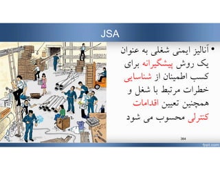 JSA
•‫عن‬ ‫به‬ ‫شغلي‬ ‫ايمني‬ ‫آناليز‬‫وان‬
‫روش‬ ‫يك‬‫پيشگيرانه‬‫بر‬‫اي‬
‫از‬ ‫اطمينان‬ ‫كسب‬‫شناسايي‬
‫مرتبط‬ ‫خطرات‬‫و‬ ‫شغل‬ ‫با‬
‫تعيين‬ ‫همچنين‬‫اقدامات‬
‫كنترلي‬‫شود‬ ‫مي‬ ‫محسوب‬
www.MehdiParvini.com 364
 