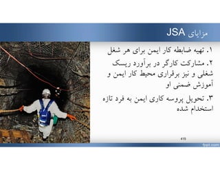 ‫مزاياي‬JSA
١.‫تهيه‬‫ضابطه‬‫شغ‬ ‫هر‬ ‫براي‬ ‫ايمن‬ ‫كار‬‫ل‬
٢.‫در‬ ‫كارگر‬ ‫مشاركت‬‫ريسك‬ ‫برآورد‬
‫شغلي‬‫كار‬ ‫محيط‬ ‫برقراري‬ ‫نيز‬ ‫و‬‫ايمن‬‫و‬
‫او‬ ‫ضمني‬ ‫آموزش‬
٣.‫ت‬ ‫فرد‬ ‫به‬ ‫ايمن‬ ‫كاري‬ ‫پروسه‬ ‫تحويل‬‫ازه‬
‫استخدام‬‫شده‬
www.MehdiParvini.com 415
 