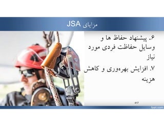 ‫مزاياي‬JSA
٦.‫پيشنهاد‬‫و‬ ‫ها‬ ‫حفاظ‬
‫مورد‬ ‫فردي‬ ‫حفاظت‬ ‫وسايل‬
‫نياز‬
٧.‫كاهش‬ ‫و‬ ‫وري‬‫بهره‬ ‫افزايش‬
‫هزينه‬
www.MehdiParvini.com 417
 