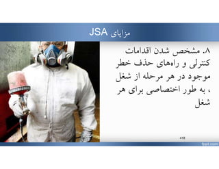 ‫مزاياي‬JSA
٨.‫مشخﺺ‬‫اقدامات‬ ‫شدن‬
‫و‬ ‫كنترلي‬‫هاي‬‫راه‬‫خطر‬ ‫حذف‬
‫شغل‬ ‫از‬ ‫مرحله‬ ‫هر‬ ‫در‬ ‫موجود‬
،‫طور‬ ‫به‬‫ه‬ ‫براي‬ ‫اختصاصي‬‫ر‬
‫شغل‬
www.MehdiParvini.com 418
 