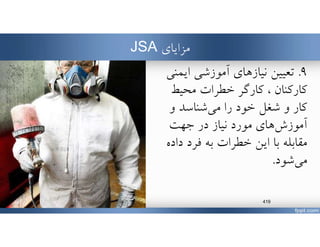 ‫مزاياي‬JSA
٩.‫ايم‬ ‫آموزشي‬ ‫نيازهاي‬ ‫تعيين‬‫ني‬
‫كاركنان‬‫كارگر‬ ،‫محيط‬ ‫خطرات‬
‫خود‬ ‫شغل‬ ‫و‬ ‫كار‬‫شناسد‬‫مي‬ ‫را‬‫و‬
‫هاي‬‫آموزش‬‫جهت‬ ‫در‬ ‫نياز‬ ‫مورد‬
‫د‬ ‫فرد‬ ‫به‬ ‫خطرات‬ ‫اين‬ ‫با‬ ‫مقابله‬‫اده‬
‫شود‬‫مي‬.
www.MehdiParvini.com 419
 