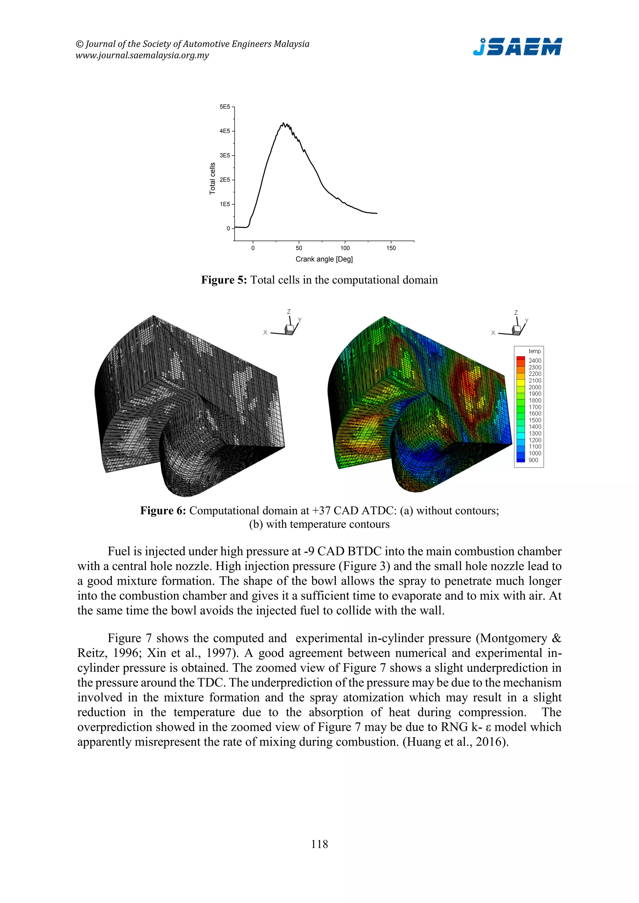 © Journal of the Society of Automotive Engineers Malaysia
www.journal.saemalaysia.org.my
118
0 50 100 150
0
1E5
2E5
3E5
4E5
5E5
Totalcells
Crank angle [Deg]
Figure 5: Total cells in the computational domain
Figure 6: Computational domain at +37 CAD ATDC: (a) without contours;
(b) with temperature contours
Fuel is injected under high pressure at -9 CAD BTDC into the main combustion chamber
with a central hole nozzle. High injection pressure (Figure 3) and the small hole nozzle lead to
a good mixture formation. The shape of the bowl allows the spray to penetrate much longer
into the combustion chamber and gives it a sufficient time to evaporate and to mix with air. At
the same time the bowl avoids the injected fuel to collide with the wall.
Figure 7 shows the computed and experimental in-cylinder pressure (Montgomery &
Reitz, 1996; Xin et al., 1997). A good agreement between numerical and experimental in-
cylinder pressure is obtained. The zoomed view of Figure 7 shows a slight underprediction in
the pressure around the TDC. The underprediction of the pressure may be due to the mechanism
involved in the mixture formation and the spray atomization which may result in a slight
reduction in the temperature due to the absorption of heat during compression. The
overprediction showed in the zoomed view of Figure 7 may be due to RNG k- ε model which
apparently misrepresent the rate of mixing during combustion. (Huang et al., 2016).
 