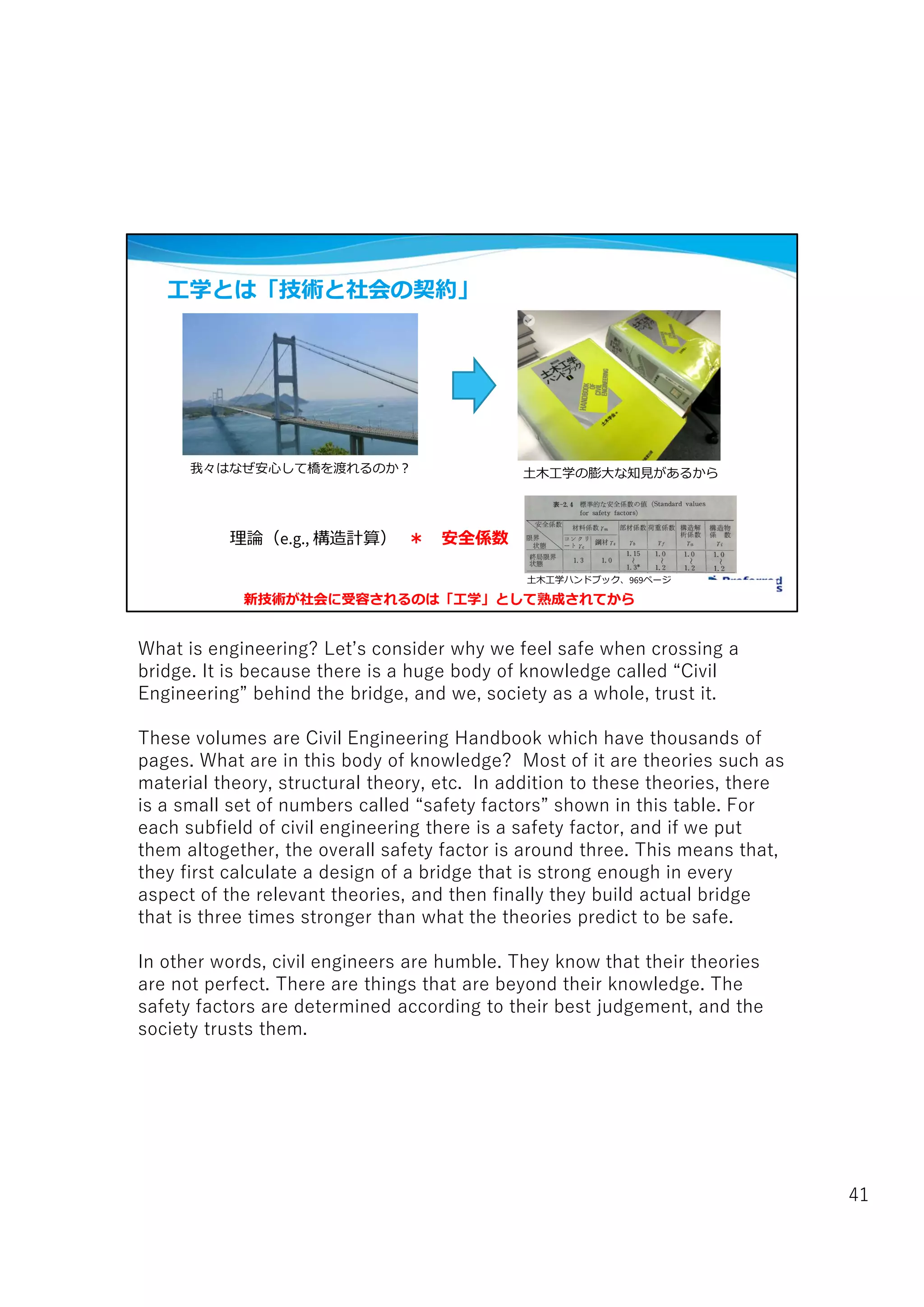 工学とは「技術と社会の契約」
理論（e.g., 構造計算） ＊ 安全係数
新技術が社会に受容されるのは「工学」として熟成されてから
土木工学ハンドブック、969ページ
我々はなぜ安心して橋を渡れるのか? 土木工学の膨大な知見があるから
What is engineering? Let’s consider why we feel safe when crossing a
bridge. It is because there is a huge body of knowledge called “Civil
Engineering” behind the bridge, and we, society as a whole, trust it.
These volumes are Civil Engineering Handbook which have thousands of
pages. What are in this body of knowledge? Most of it are theories such as
material theory, structural theory, etc. In addition to these theories, there
is a small set of numbers called “safety factors” shown in this table. For
each subfield of civil engineering there is a safety factor, and if we put
them altogether, the overall safety factor is around three. This means that,
they first calculate a design of a bridge that is strong enough in every
aspect of the relevant theories, and then finally they build actual bridge
that is three times stronger than what the theories predict to be safe.
In other words, civil engineers are humble. They know that their theories
are not perfect. There are things that are beyond their knowledge. The
safety factors are determined according to their best judgement, and the
society trusts them.
41
 